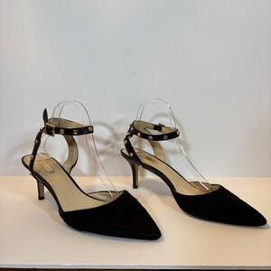 Louise et Cie Black Horsehair Studded Ankle Strap Pointed Toe Kitten Heel Sz 10M